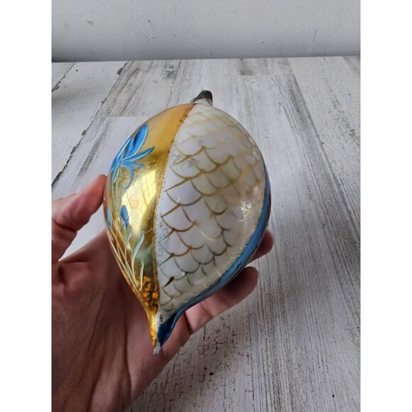 Antique flower striped teardrop glass Mercury ornament Xmas tree yellow blue she - Picture 7 of 10